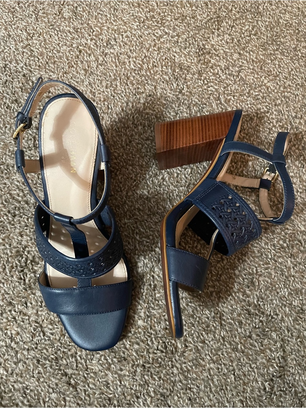 Cole Haan Strappy High Block Heel Sandal Size 6 US Women’s Optic Blue Leather